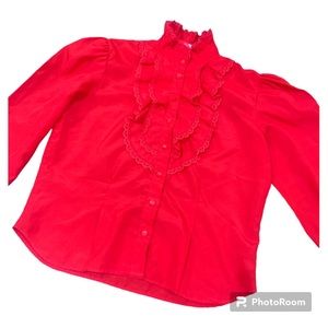 80s/90s Ardmore Bright Red Ruffles & Lace Button Up Blouse, Size L